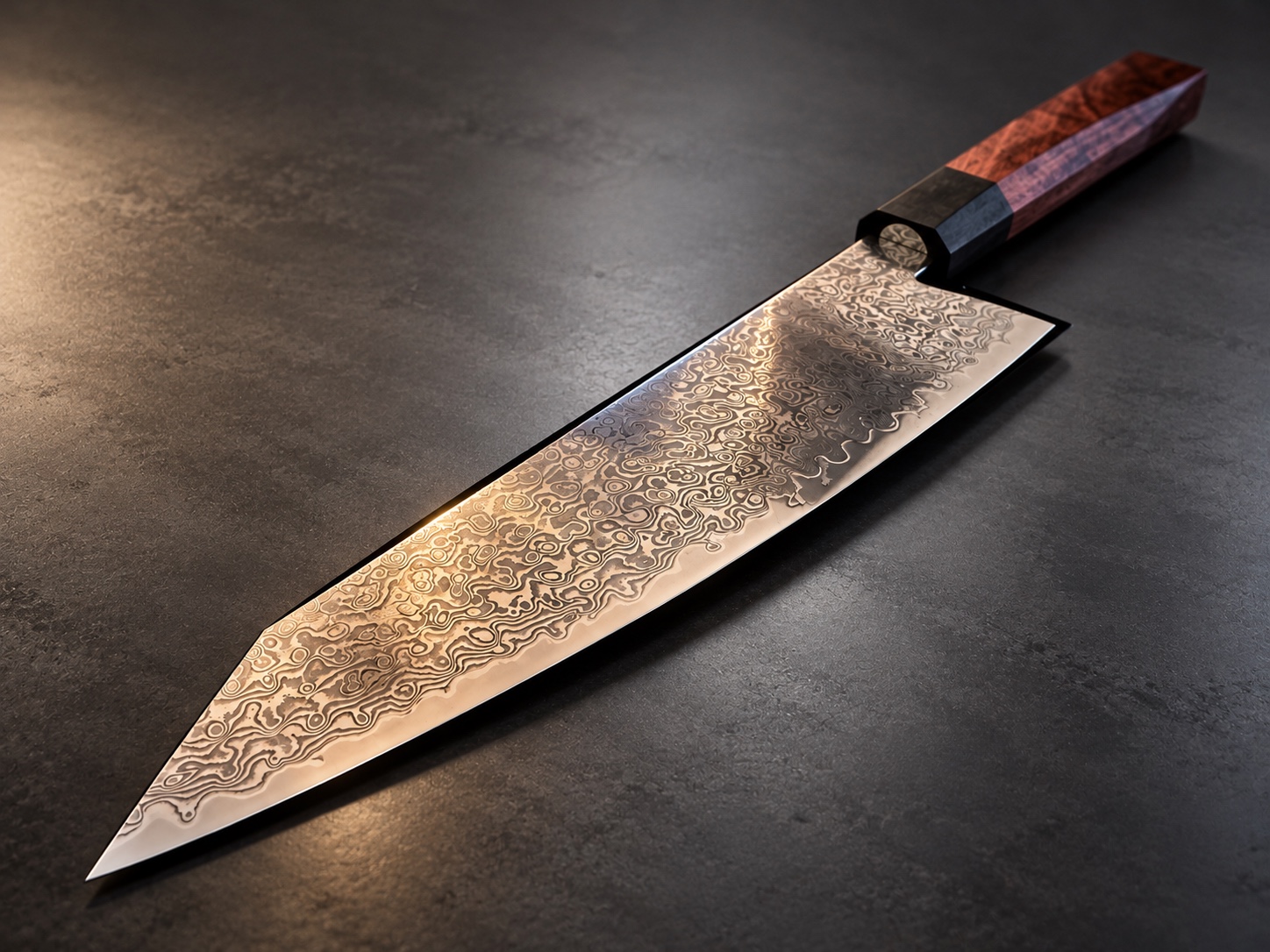 Damastmesser mit facettiertem Holzgriff auf dunklem Stein