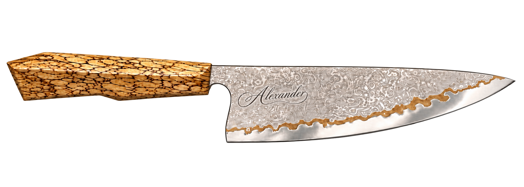 Gravurentwurf von ZK 003 mit Alexander in eleganter Schreibschrift ausschließlich auf der Damastklinge; der Griff bleibt ohne Gravur